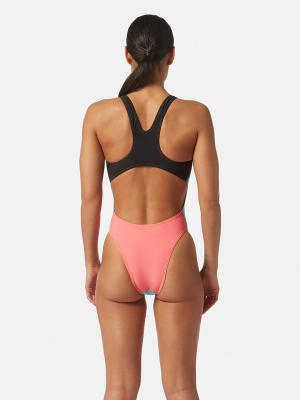 COSTUME DONNA AKRON ITALIA NUOTO PISCINA TRICOLOR CELESTE NERO FUCSIA