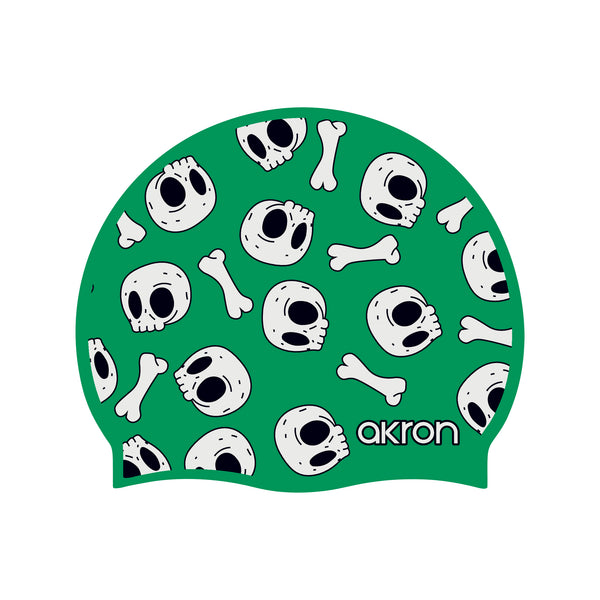 CUFFIA PISCINA AKRON SILICONE SWIM CAP BE WATER CUFFIE NUOTO SKULLS VERDE FLUO