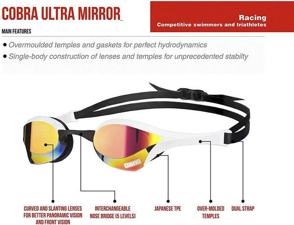 COBRA ULTRA MIRROR SWIPE ARENA OCCHIALINI SPECCHIATI PISCINA GARA NUOTO LENTE ORO - TOP LEVEL SPORT