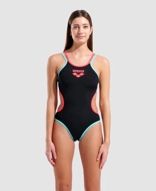 COSTUME ARENA DONNA ONE DOUBLE CROSS BACK LOGO SPALLINA INTERO PISCINA NERO