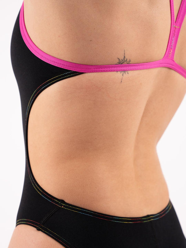 COSTUME DONNA AKRON ITALIA NUOTO PISCINA SPALLINA STRETTA NERO FUXIA