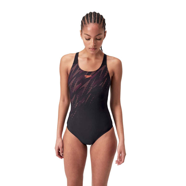 COSTUME DONNA PISCINA SPEEDO HYPERBOOM NUOTO INTERO NERO ARANCIONE