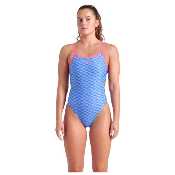 COSTUME ARENA DONNA PISCINA INTERO MONOGRAM SPALLINA STRETTA AZZURRO