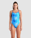 COSTUME NUOTO ARENA DONNA INTERO SPALLINA STRETTA PISCINA TIE DYE AZZURRO