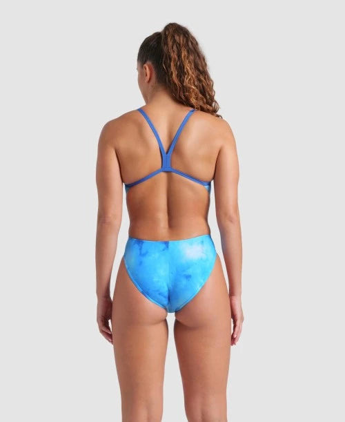 COSTUME NUOTO ARENA DONNA INTERO SPALLINA STRETTA PISCINA TIE DYE AZZURRO