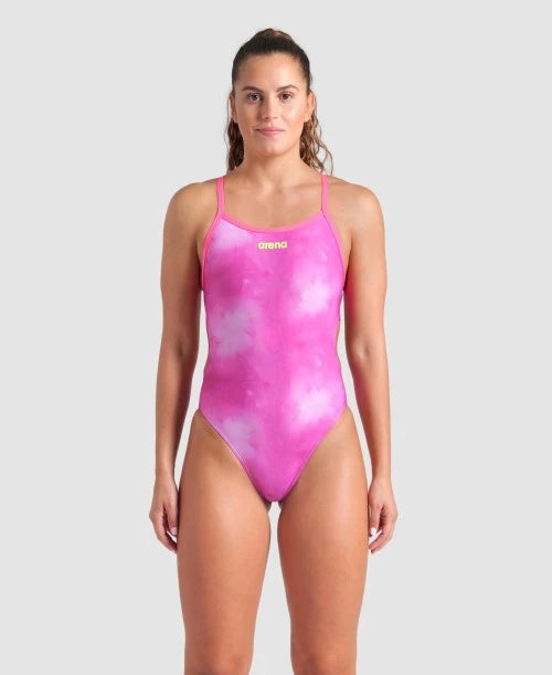 COSTUME NUOTO ARENA DONNA INTERO SPALLINA STRETTA PISCINA TIE DYE ROSA