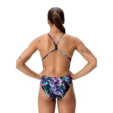 COSTUME DONNA PISCINA SPEEDO NUOTO INTERO SPALLINA STRETTA PRINTED V-BACK 2.0 NERO VIOLA